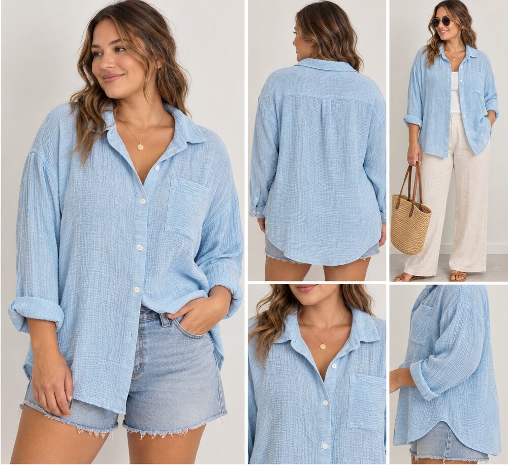Shade & Shore XL Blue Cotton Gauze Oversized Button Down Shirt